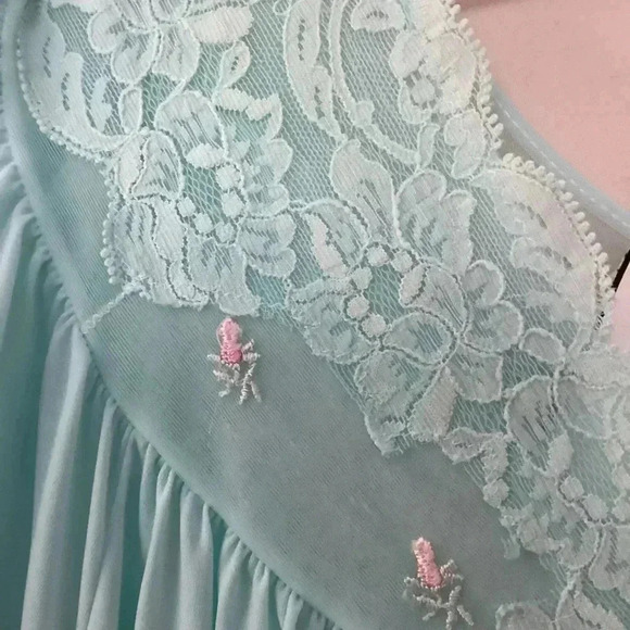 Vintage Shadow Line L Aqua SILKY NYLON Nightgown Negligee Gown Pink Rose USA - Picture 7 of 12
